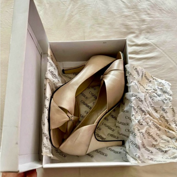 Champagne satin open toe heels - Picture 3 of 5